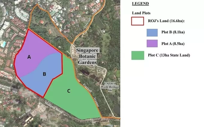 The land parcels (Plots A and B) owned by the Regent of Johor that are planned for development. Photo from Urban Redevelopment Authoritys website
