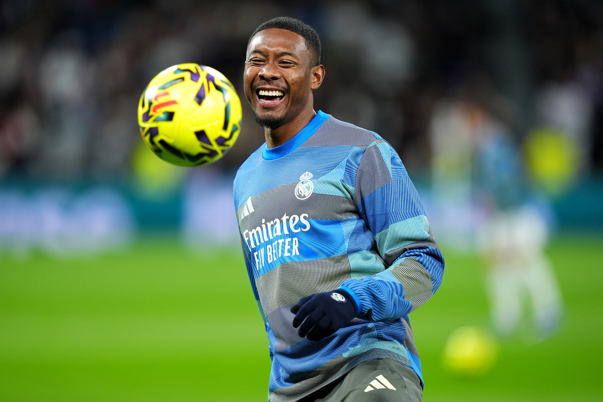 MADRID, SPAIN - DECEMBER 20: David Alaba of Real Madrid warms up prior to the LaLiga EA Sports match between Real Madrid CF and Sevilla FC at Estadio Santiago Bernabeu on December 20, 2025 in Madrid, Spain. (Photo by Angel Martinez/Getty Images)