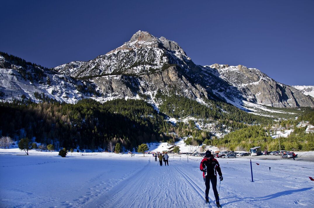 A view of a mountain from a ski slope
