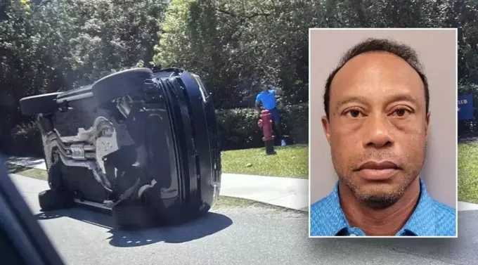 The scene of the accident and a mug shot of Tiger Woods after his arrest. Photo by AP