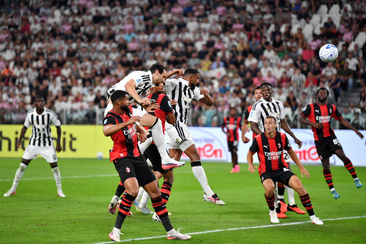 TURIN, ITALY - SEPTEMBER 06: Federico Gatti of Juventus scores his team’s first goal during the Serie A match between Juventus and AC Milan at Allianz Stadium on September 06, 2026 in Turin, Italy. (Photo by Valerio Pennicino/Getty Images)