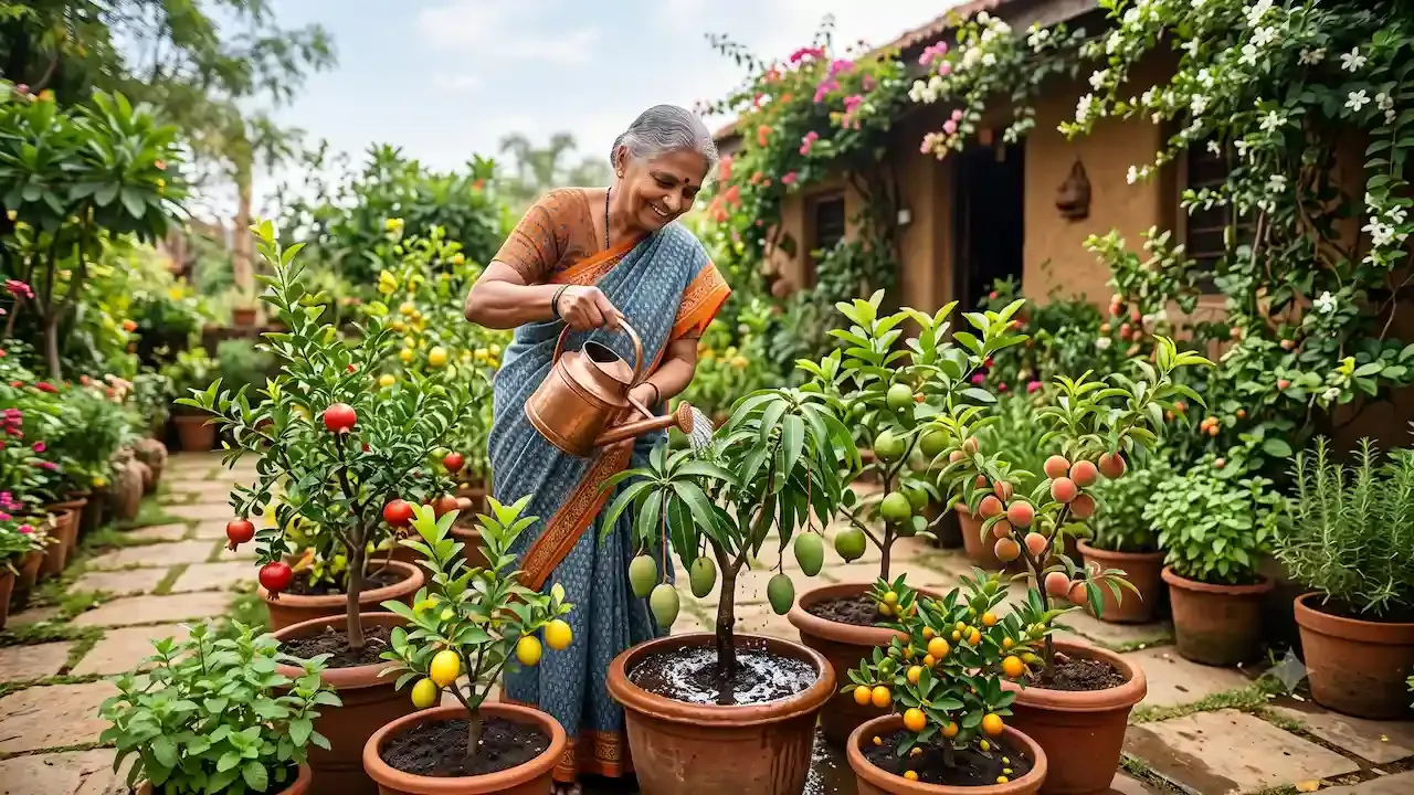 A smiling elderly Indian woman in a saree waters her thriving container garden of dwarf fruit trees.