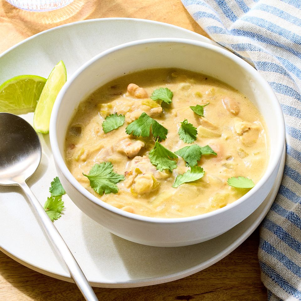 an image of the Creamy White Chicken Chili with Cream Cheese Credit: Photographer: Brie Goldman, Food Stylist: Annie Probst, Prop Stylist: Breanna Ghazali