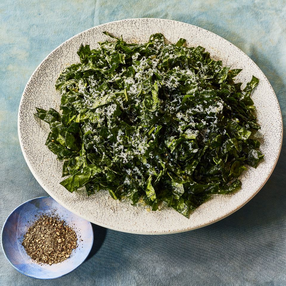 Anti-Inflammatory Cacio e Pepe Kale Salad image Credit: Heami Lee, Food Stylist: Emily Nabors Hall, Prop Stylist: Christine Keeley