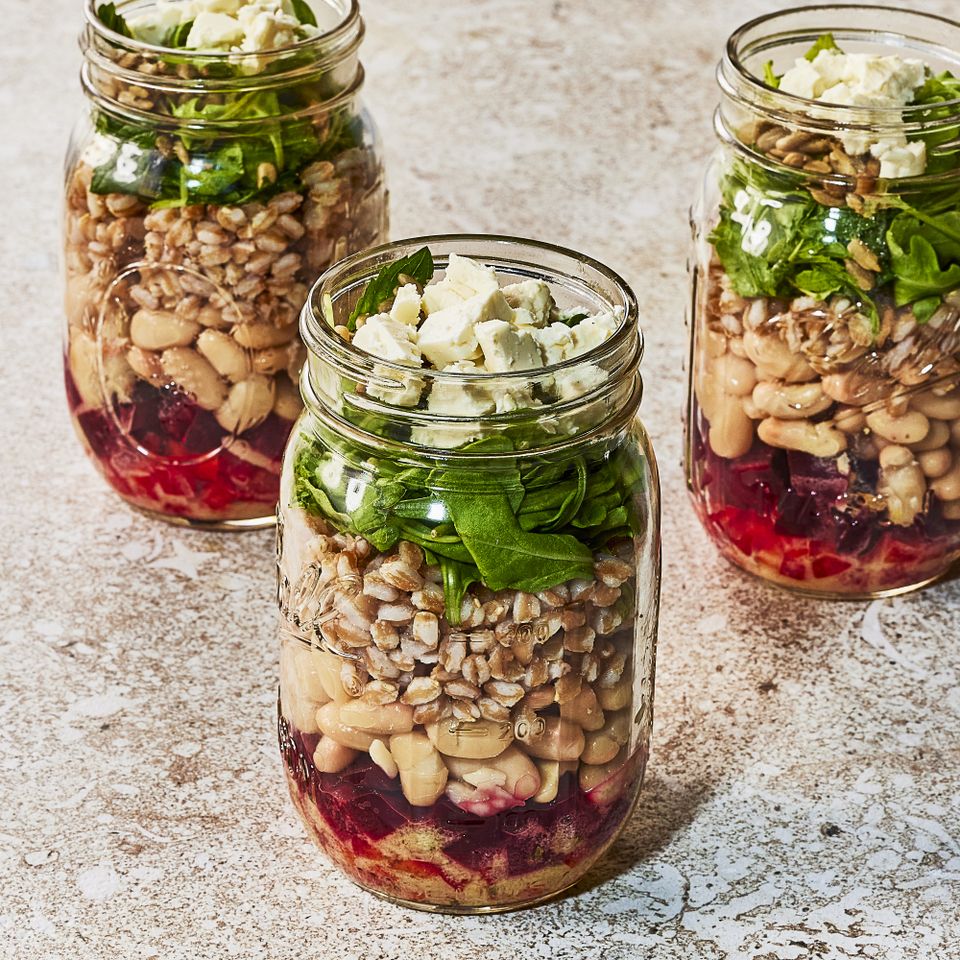 an image of the Mason Jar Farro Salads Credit: Heami Lee, Food Stylist: Emily Nabors Hall, Prop Stylist: Christine Keeley