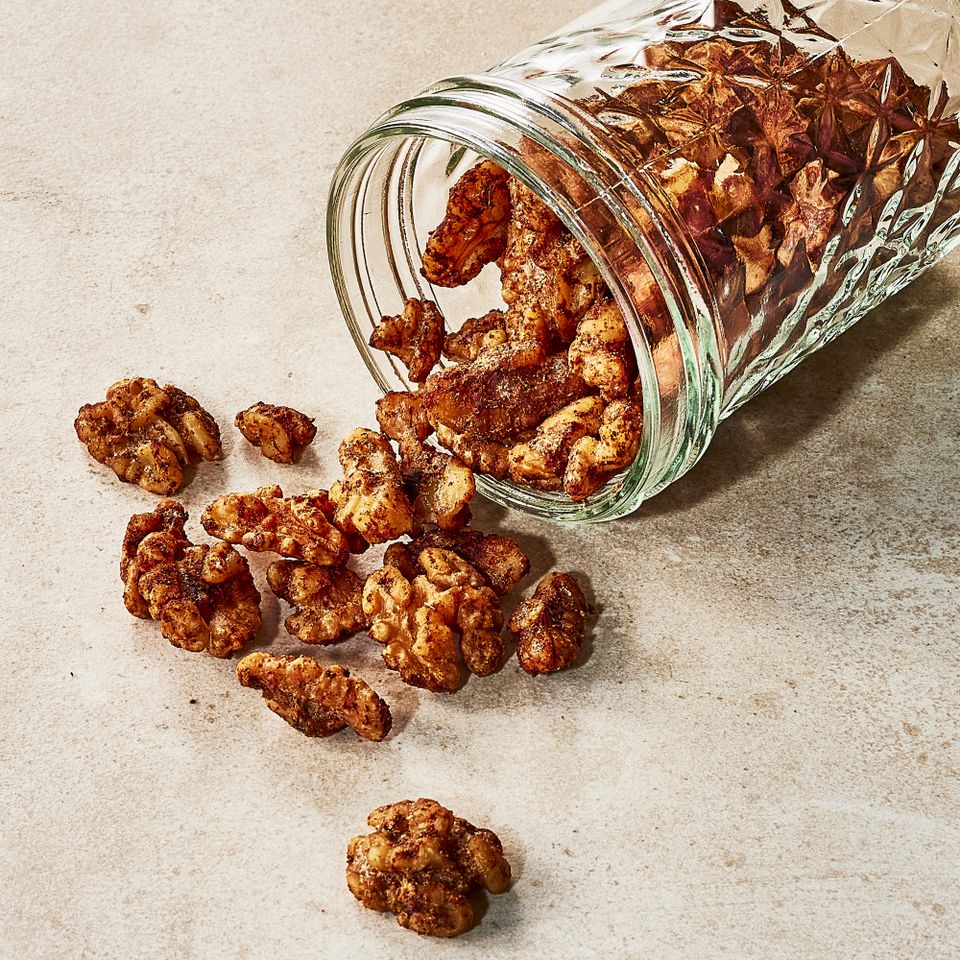 a recipe photo of the Spiced Roasted Walnuts Credit: Photographer: Heami Lee, Food Stylist: Emily Nabors Hall, Prop Stylist: Christine Keeley