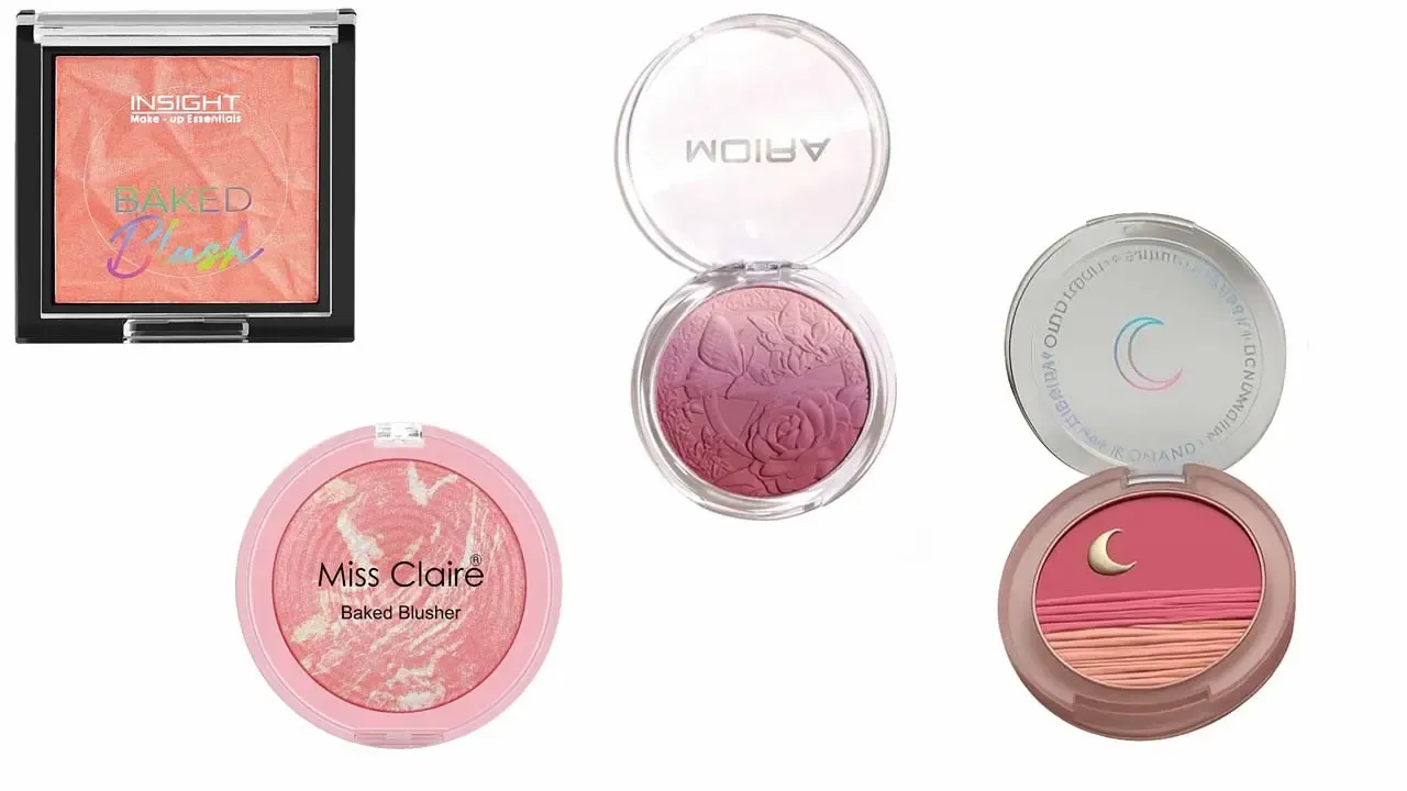 Assortment of shimmering baked compact powder blushes in pink and peach tones displayed against a white background.