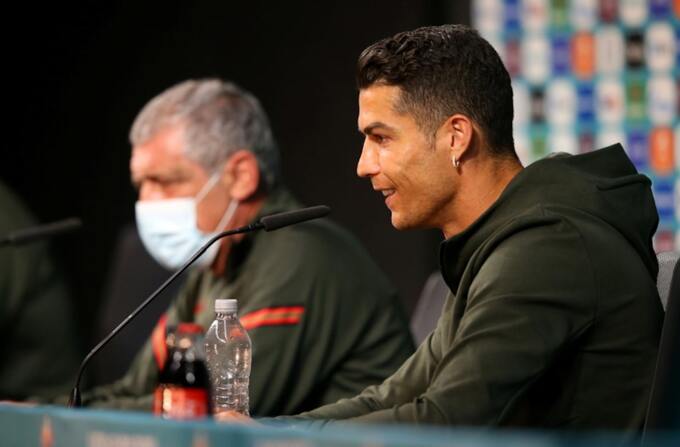 Portugals Cristiano Ronaldo during a press conference with the Coca-Cola bottle by his side at the Euro 2020 in June 2021. Photo by Reuters