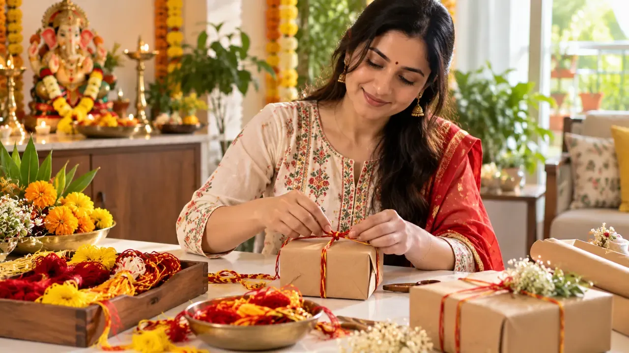 Reusable kalawa and mauli from Ganpati puja being used for gift decoration.