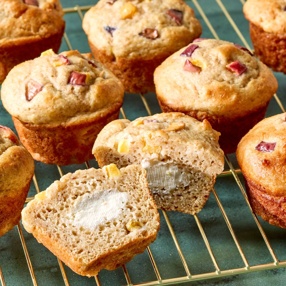 A recipe image of High-Protein Peaches & Cream Muffins. Credit: Photographer: Grant Webster, Food Stylist: Holly Dreesman, Prop Stylist: Dera Burreson.