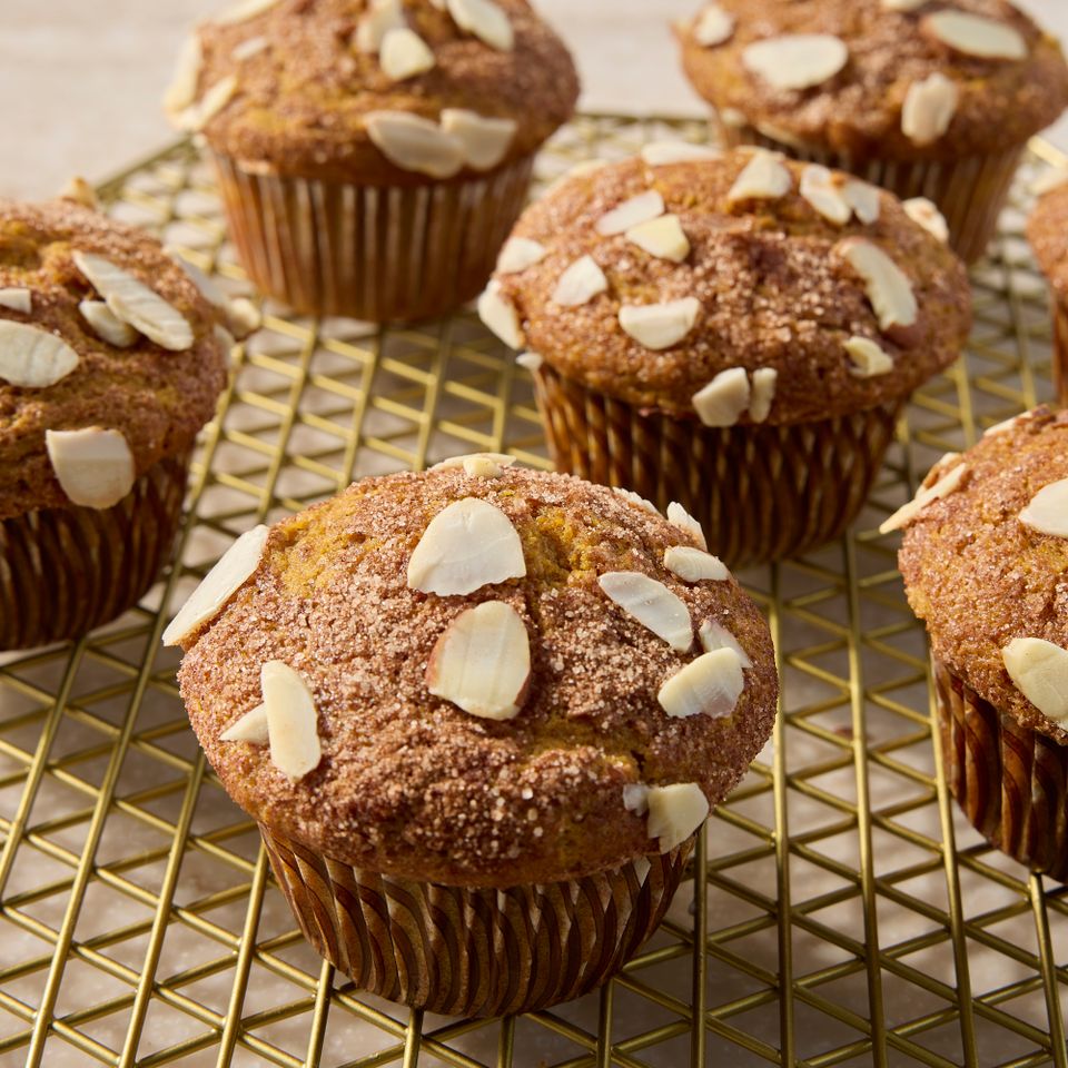 A recipe image of Pumpkin–Almond Butter Breakfast Muffins. Credit: Photographer: Jen Causey, Food Stylist: Jennifer Wendorf, Prop Stylist: Phoebe Hausser.