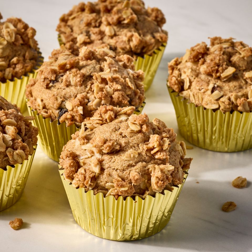 A recipe image of Cinnamon-Raisin Muffins. Credit: Photographer: Jen Causey, Food Stylist: Margaret Dickey, Prop Stylist: Hannah Greenwood.