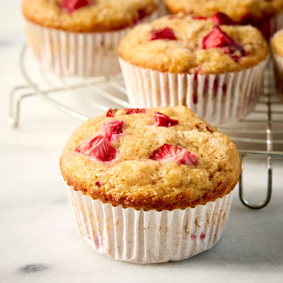 A recipe image of High-Protein Strawberry Muffins. Credit: Photographer: Jen Causey, Food Stylist: Jennifer Wendorf, Prop Stylist: Josh Hoggle.