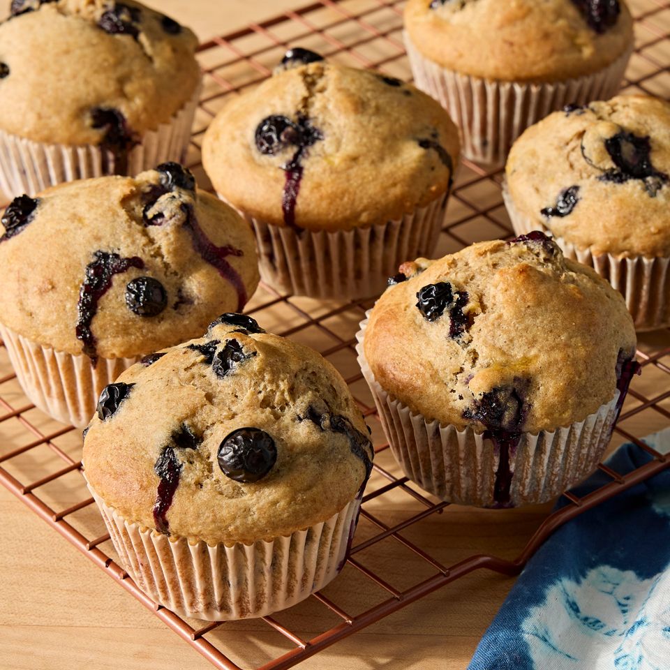 A recipe image of Lemon-Blueberry Banana Muffins. Credit: Photographer: Jen Causey.