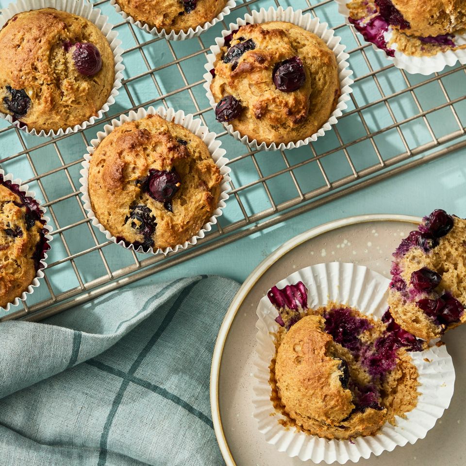 Recipe image of No-Added-Sugar Blueberry Muffins. Credit: Photographer: Greg Dupree, Food Stylist: Chelsea Zimmer, Prop Stylist: Christina Daley.