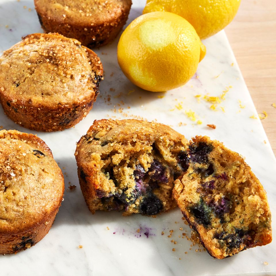 an image of the Lemon-Blueberry Oat Muffins Credit: Photographer: Jen Causey, Food Stylist: Margaret Monroe Dickey, Prop Stylist: Priscilla Montiel
