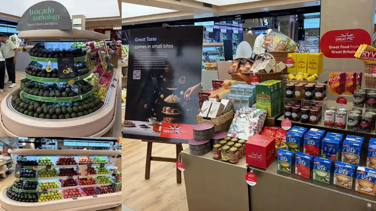 Great Food From Great Britain display featuring British teas, jams, biscuits, crackers and other food products