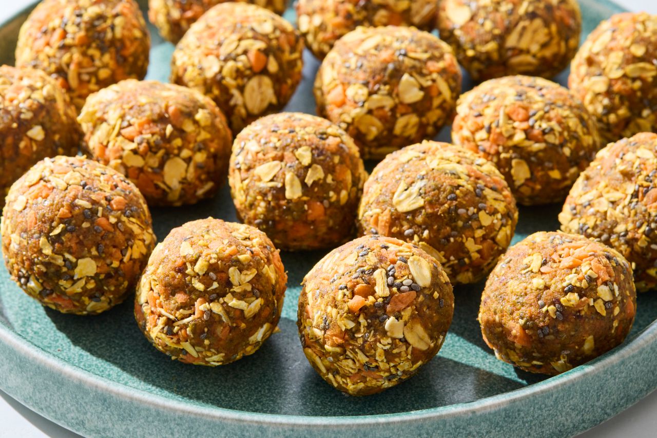 A recipe image of Carrot Cake Energy Bites. Credit: Photographer: Jason Donnelly, Food Stylist: Shannon Goforth, Food Stylist Assistant: Debra Cioccio, Prop Stylist: Breanna Ghazali.