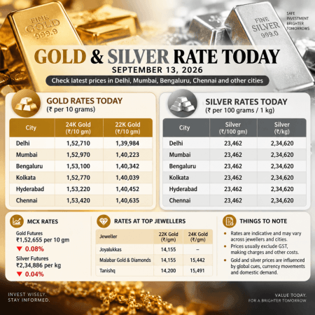 Gold, Silver Rate Today, September 13: Check latest prices in Delhi, Mumbai, Bengaluru, Chennai and other cities