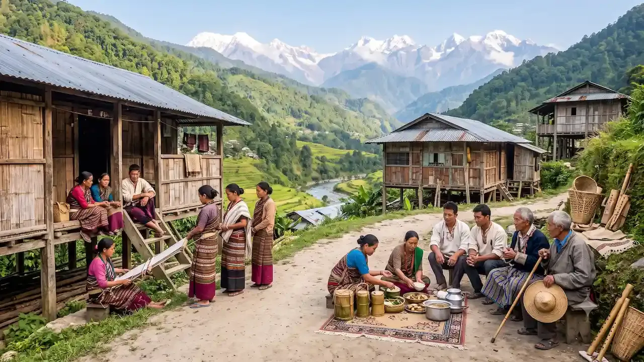 Himalayan village community gathering outdoors near wooden houses for weaving and traditional meal beside scenic mountain valley.