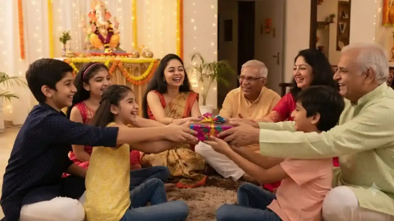 Friends and family playing pass the parcel with a wrapped gift