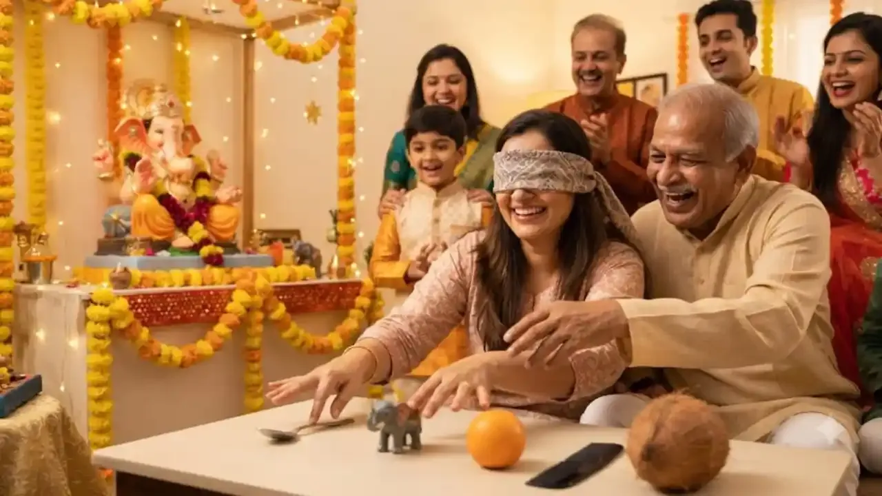 A participant playing a blindfold challenge by identifying objects through touch