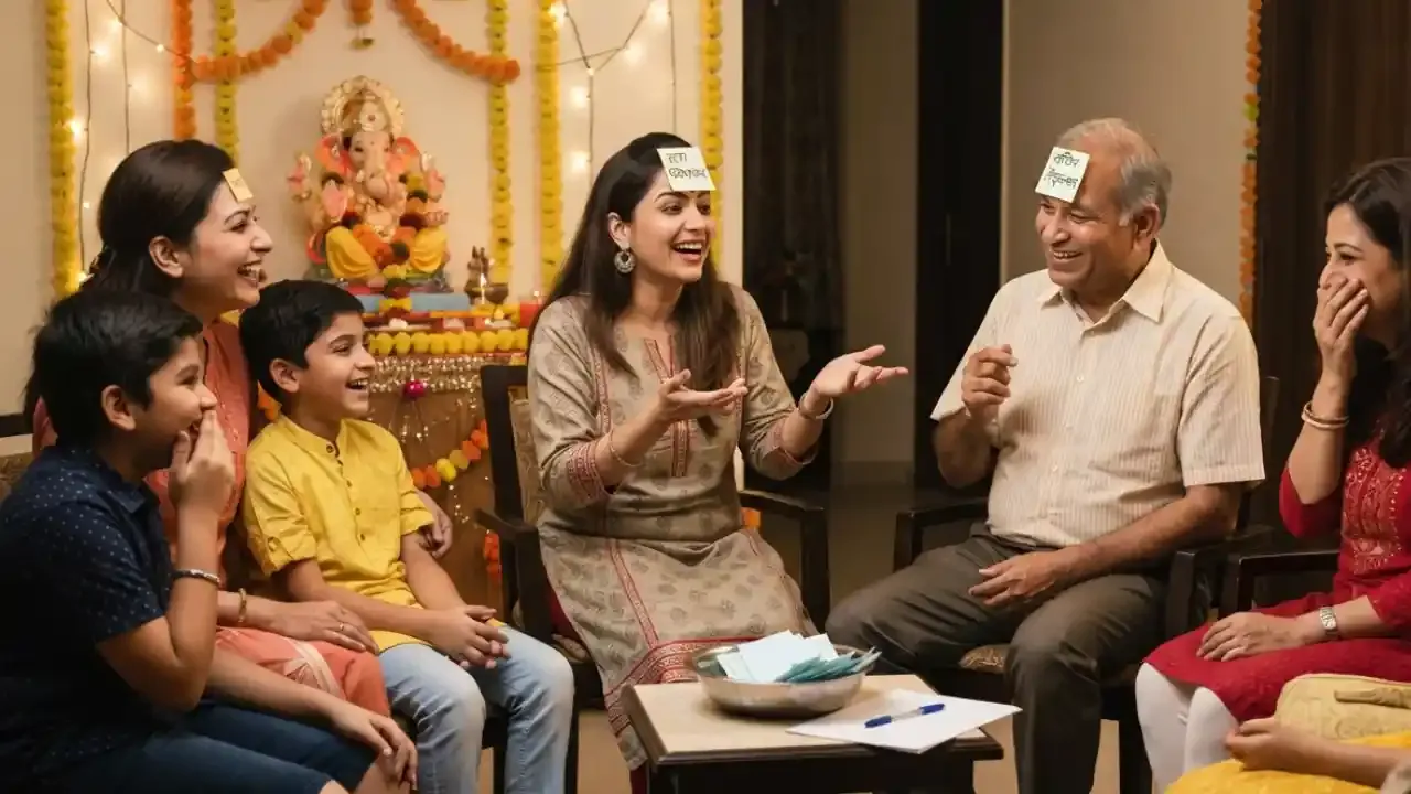 Family members playing a fun Who Am I guessing game during Ganeshotsav
