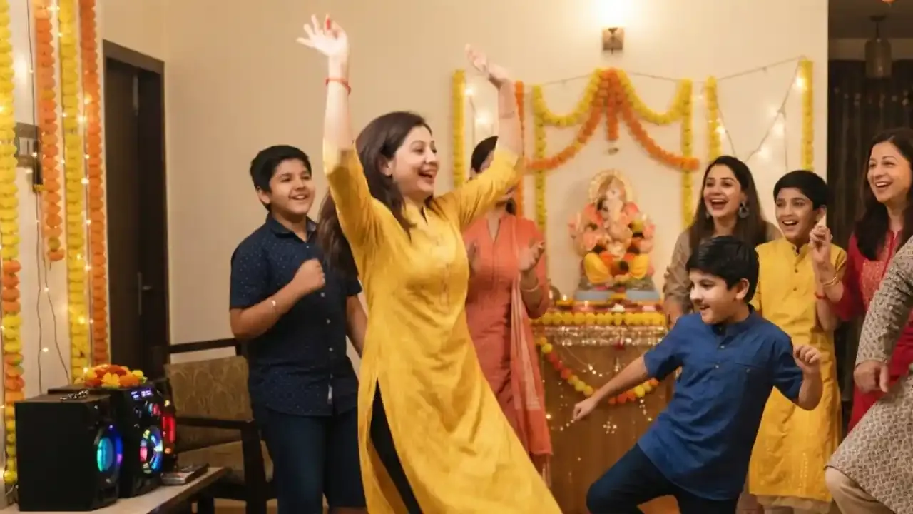 Children and adults enjoying a freeze dance game during Ganeshotsav celebration