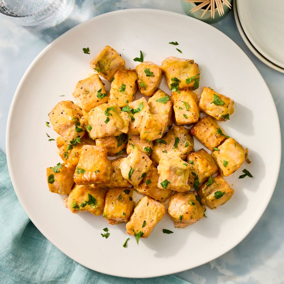 an image of the Honey-Mustard Salmon Bites Credit: Photographer: Robby Lozano, Food Stylist: Amanda Holstein, Prop Stylist: Abby Armstrong