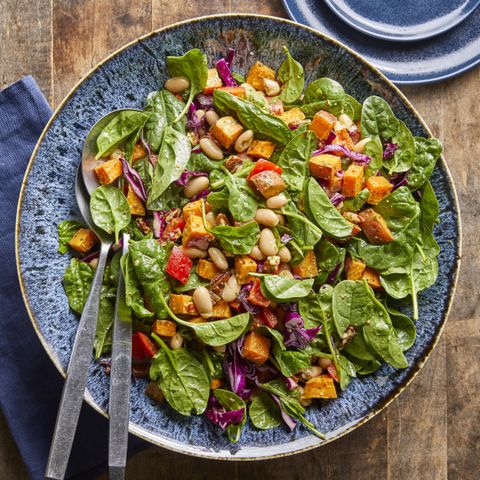Spinach Salad with Roasted Sweet Potatoes, White Beans & Basil