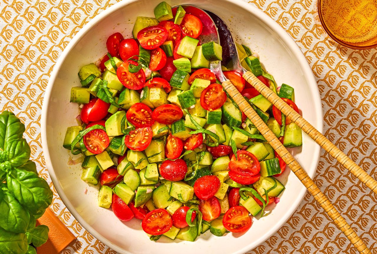 an image of the Cucumber, Tomato & Avocado Salad with Lemon-Shallot Vinaigrette Credit: Ali Redmond