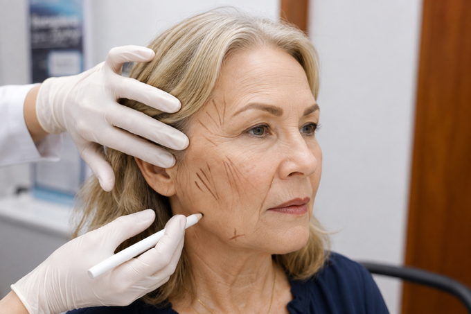 Dr. Cao Nguyen develops an individualized biostimulator injection map. Photo courtesy of the doctor