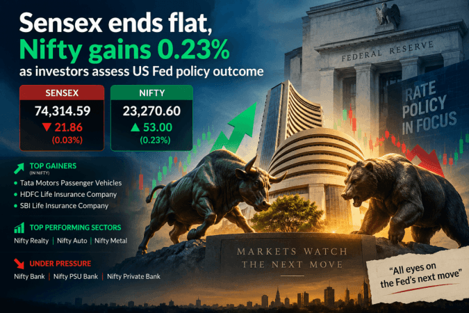 Sensex ends flat, Nifty gains 0.23 pc as investors assess Fed Policy outcome