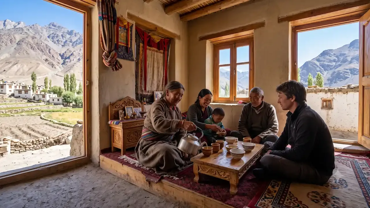 Local Ladakhi family serves traditional butter tea to a traveler inside a cozy rustic Himalayan homestay room.