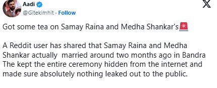 Samay Raina, Medha Shankr marriage rumors resurface online
