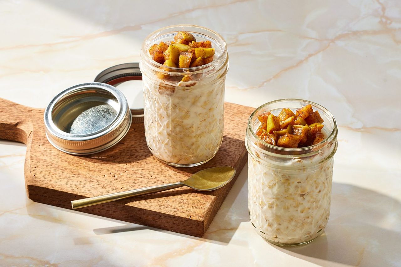 a recipe photo of Apple Pie Inspired Overnight Oats Credit: Photographer: Brie Goldman, Food Stylist: Skyler Myers, Prop Stylist: Gabriel Greco