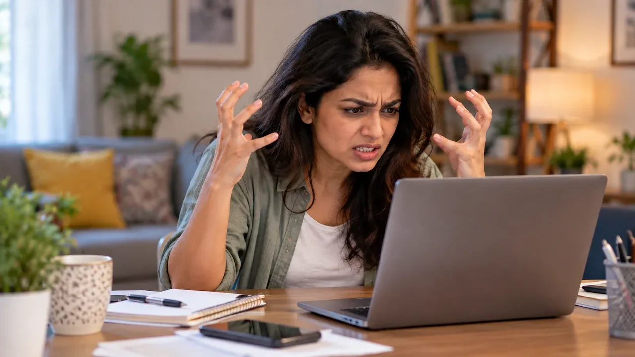 Stressed woman feeling angry and irritated while working on a laptop