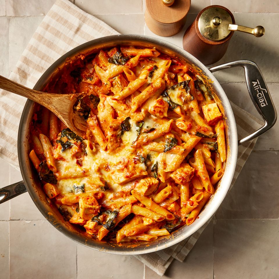a recipe photo of the Cheesy Chicken Pasta Bake Credit: Photographer: Jen Causey, Food Stylist: Torie Cox, Prop Stylist: Claire Spollen