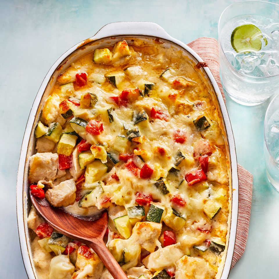 Chicken & Zucchini Casserole Credit: Photographer /Antonis Achilleos, Prop Stylist / Kay Clarke, Food Stylist / Emily Nabors Hall