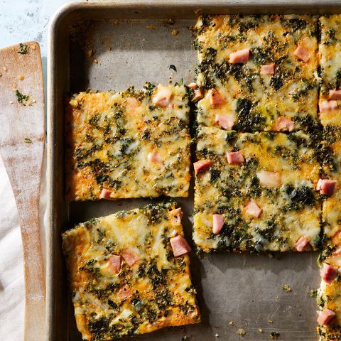 Sheet Pan Eggs with Spinach & Ham Credit: EatingWell