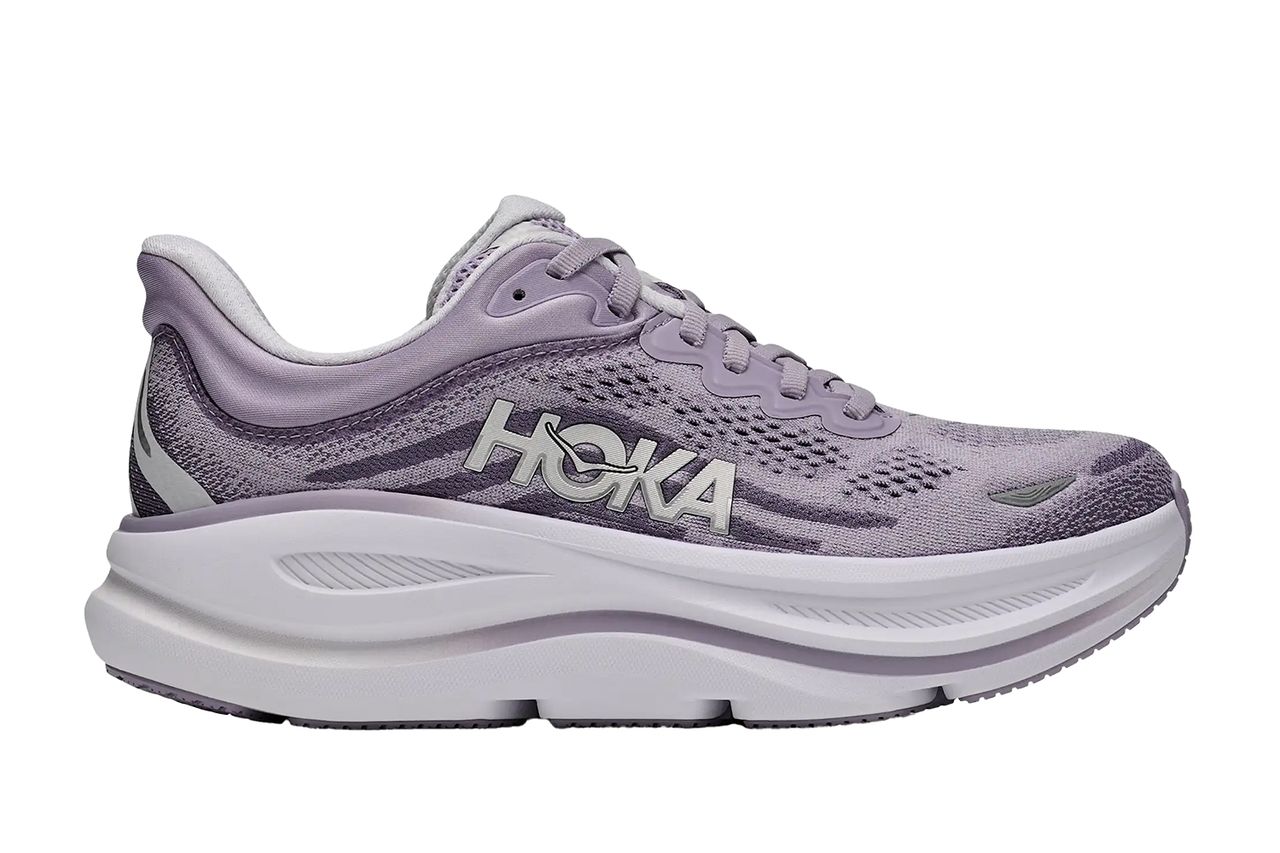 A single Hoka Bondi 9 running shoe shown from the side demonstrating the models design and cushioning Credit: Hoka