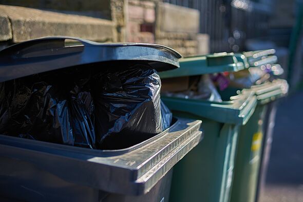 Gray and green garbage cans overfilled with domestic refuse Gray and green garbage cans overfilled with domestic refuse