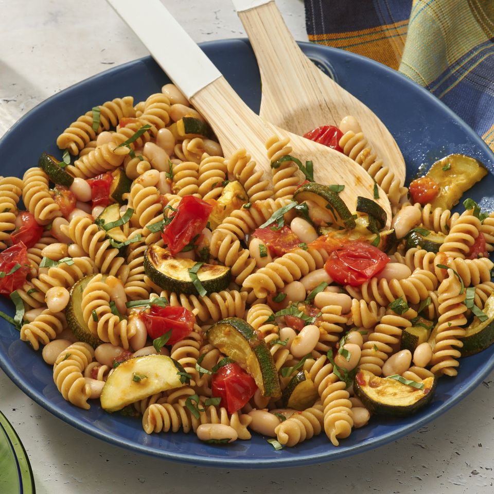 A recipe image of Roasted Vegetable & Bean Pasta Salad. Credit: Photographer: Diana Chistruga.