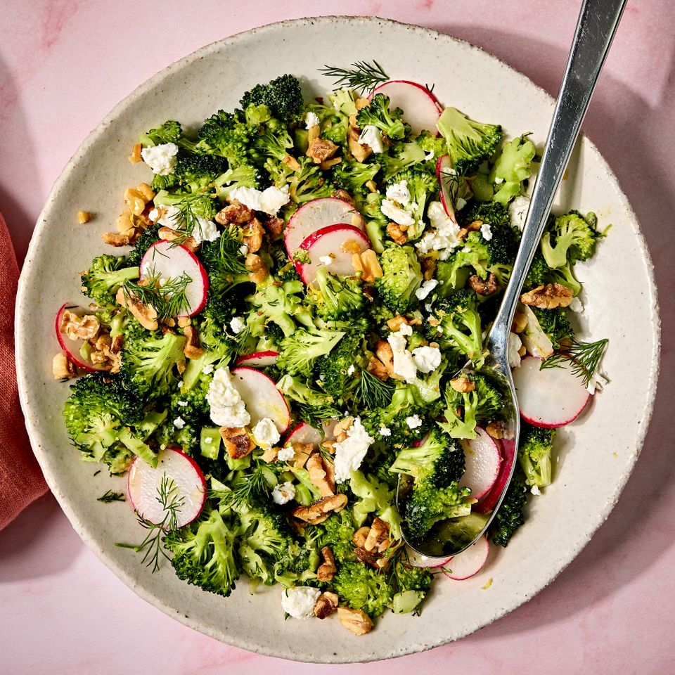 Recipe image of Broccoli Crunch Salad with Lemon & Dill. Credit: Photographer: Jen Causey, Food Stylist: Chelsea Zimmer, Prop Stylist: Claire Spollen.