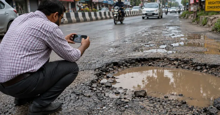 man clickig pothole picture on road