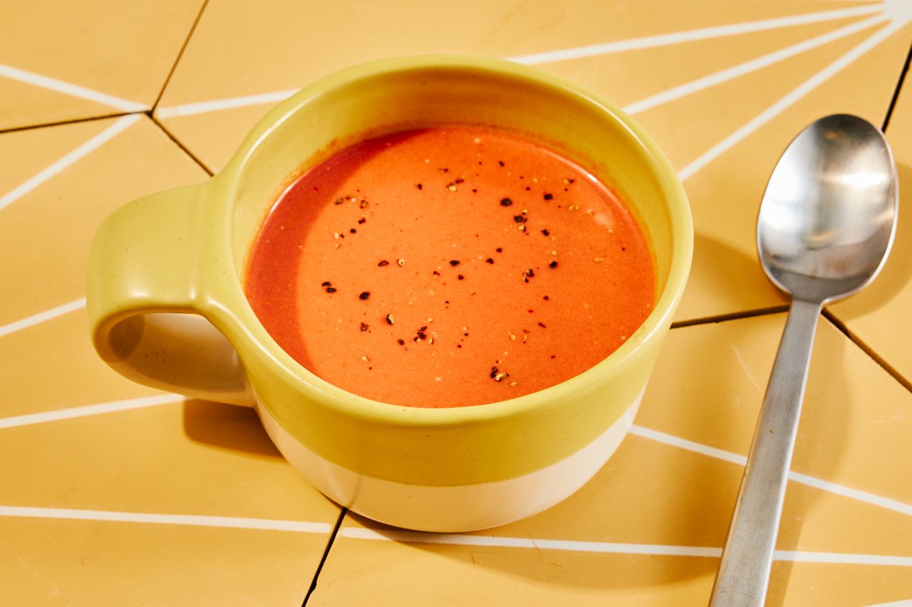 a recipe photo of the Quick Creamy Tomato Cup-of-Soup Credit: Photographer: Morgan Hunt Glaze, Food Stylist: Julian Hensarling, Prop Stylist: Shell Royster