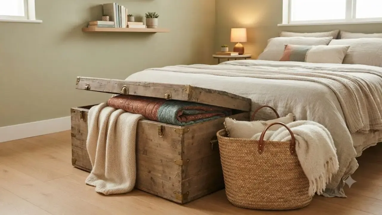 A rustic wooden trunk and a woven jute basket with blankets at the foot of a bed in a cozy bedroom.
