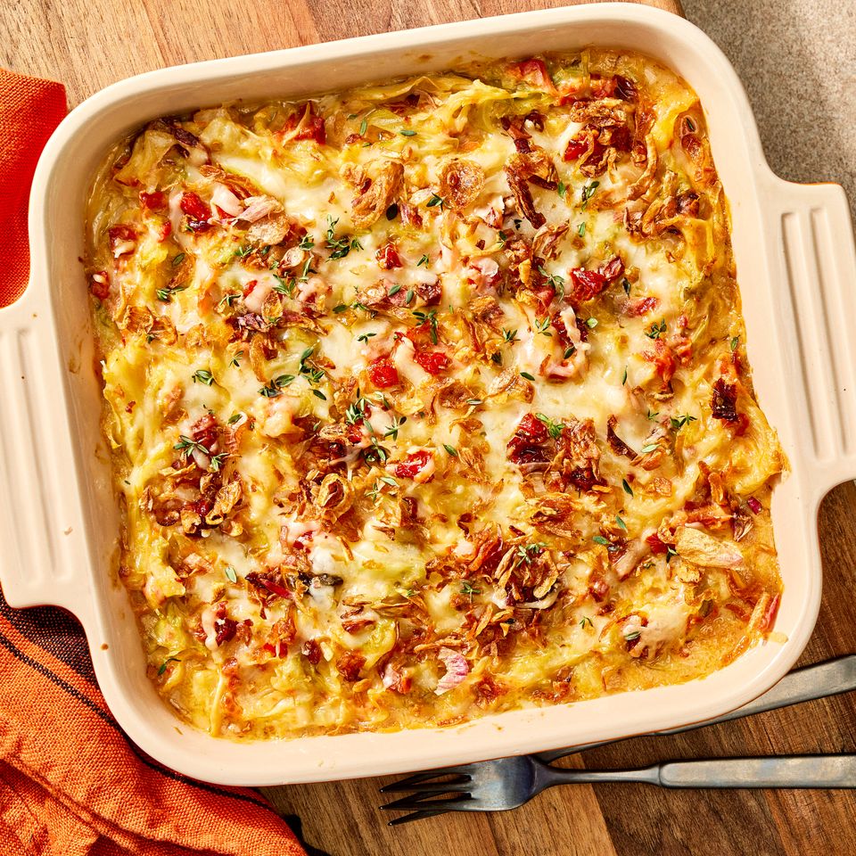 an image of the Creamy Cabbage & Sun-Dried Tomato Casserole Credit: Photographer: Robby Lozano, Food Stylist: Emily Nabors Hall, Prop Stylist: Lydia Pursell