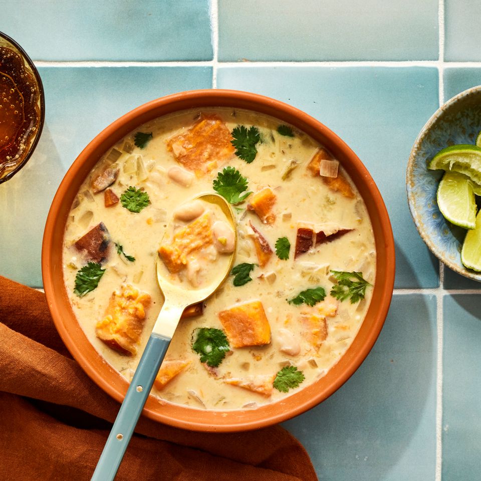 a recipe photo of the Creamy White Chili with Sweet Potatoes & White Beans Credit: Photographer Victor Protasio, Food Stylist Sally McKay, Prop Stylist Hannah Greenwood