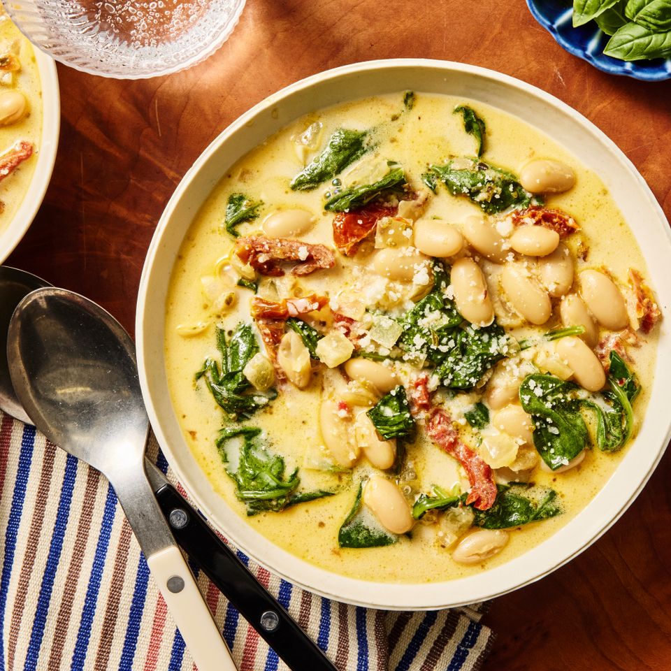 A recipe image of Marry Me White Bean Soup. Credit: Photographer: Morgan Hunt Ward, Prop Stylist: Phoebe Hauser, Food Stylist: Emily Nabors Hall.